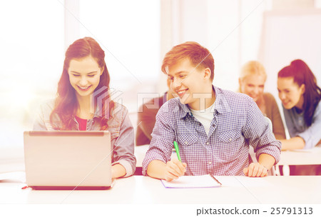 students with laptop and notebooks at school students with laptop and notebooks at school 25791313