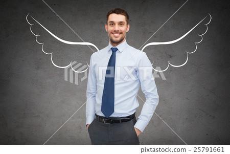 happy businessman with angel wings over gray 25791661