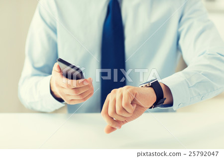 close up of hands with smart phone and watch 25792047