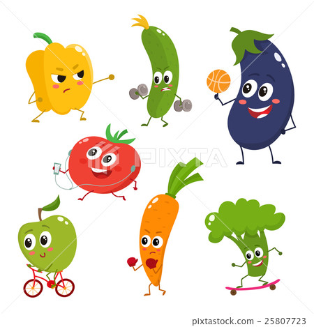Set of funny cartoon vegetables doing sport Set of funny cartoon vegetables doing sport 25807723