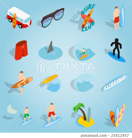 Surfing set icons, isometric 3d style Surfing set icons, isometric 3d style 25812957