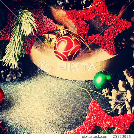 Christmas Composition Red Toys Pine Cones Fir Tree 25823936