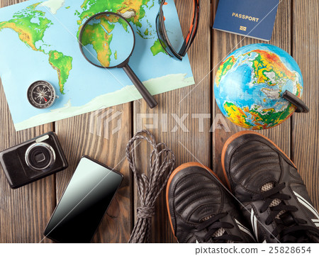 Overhead view of Traveler's accessories, Essential Overhead view of Traveler's accessories, Essential 25828654