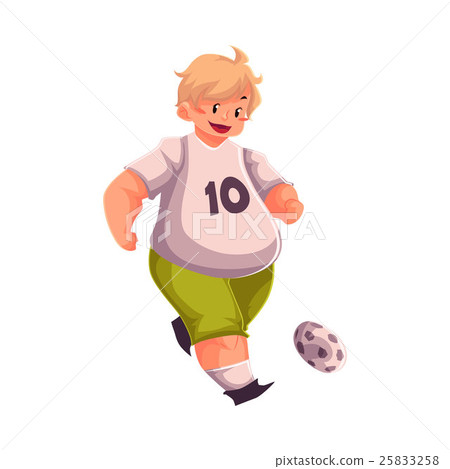 Fat boy playing football, getting fit, active Fat boy playing football, getting fit, active 25833258