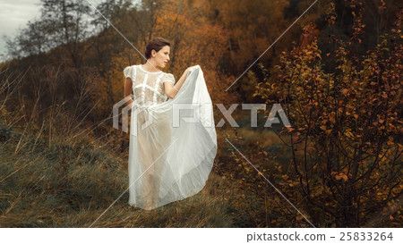 Beautiful girl in a white dress and autumn Beautiful girl in a white dress and autumn 25833264