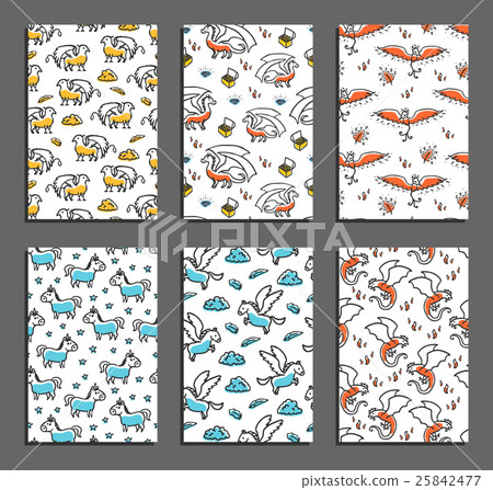 Set of greeting cards with mythical beasts Set of greeting cards with mythical beasts 25842477
