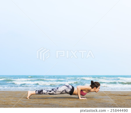 Woman Planking Stretching Flex Training Healthy Lifestyle Beach Concept 25844490