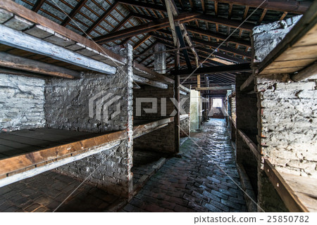 Inside of a barracks of the Nazi concentration camp Auschwitz Bi 25850782
