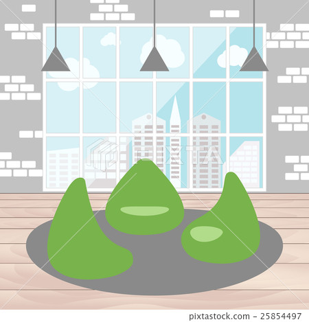 Bean bag chair with city view from window.  25854497