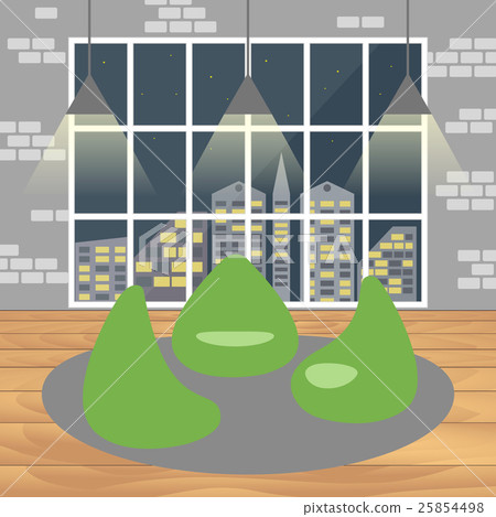 Bean bag chair with city view from window.  25854498