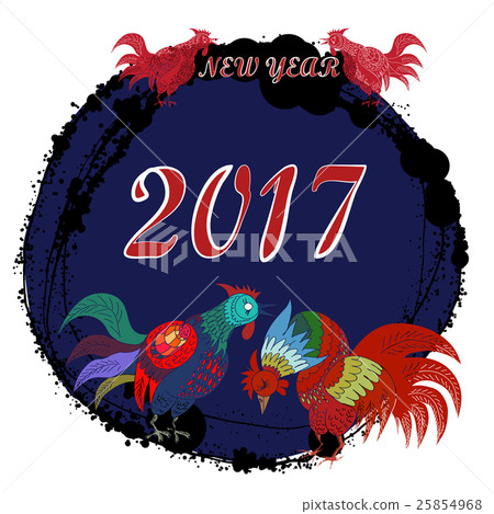 Hand drawn vector New Year poster. Roosters. Hand drawn vector New Year poster. Roosters. 25854968