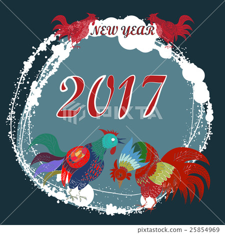Hand drawn vector New Year poster. Roosters. Hand drawn vector New Year poster. Roosters. 25854969