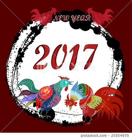 Hand drawn vector New Year poster. Roosters. Hand drawn vector New Year poster. Roosters. 25854970