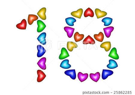 Number 18, eighteen from colorful hearts on white 25862285