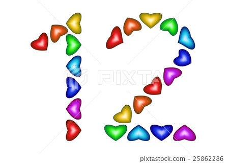Number 12, twelve made of colorful hearts on white 25862286