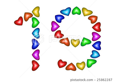 Number 19, nineteen from colorful hearts on white 25862287