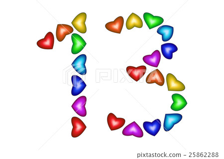 Number 13, thirteen from colorful hearts on white 25862288