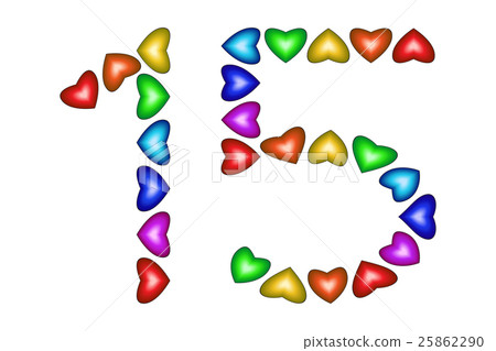 Number 15 fifteen made of colorful hearts on white 25862290