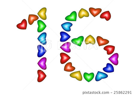 Number 16 sixteen made of colorful hearts on white Number 16 sixteen made of colorful hearts on white 25862291