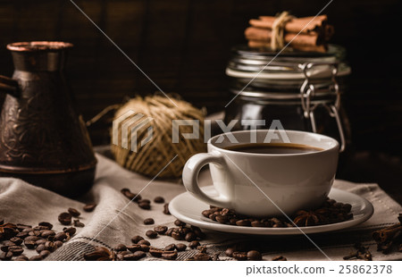 Coffee cup with igredients, beans and equipment 25862378