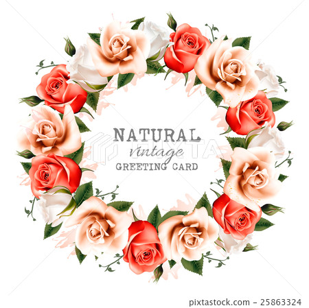 Natural vintage background with a wreath of roses Natural vintage background with a wreath of roses 25863324