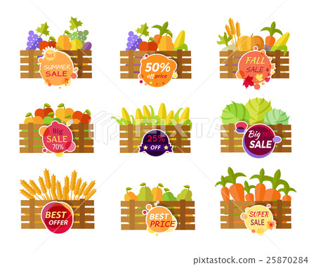 Set of Stickers Grocery Sale Fruits and Vegetables 25870284
