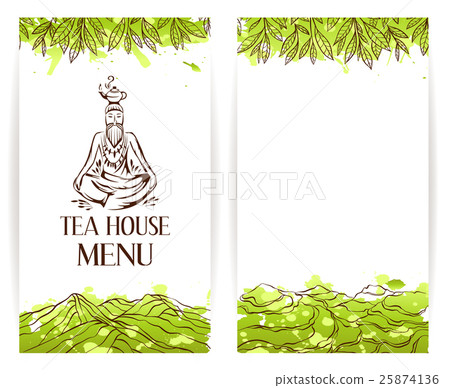 Green tea menu template. Zen monk with teapot logo 25874136