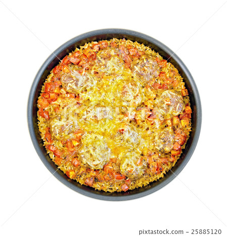 Casserole with meatballs and rice in frying pan 25885120