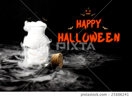 Happy halloween text with white smoke in glass  25886241
