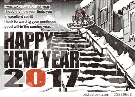 2017年新年賀卡模板“滑雪板雞”英文字典英文伴奏用紅色黑色雙色明信片寫成水平 25889668