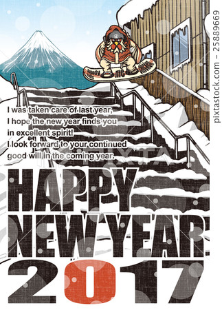 2017年新年賀卡模板“滑雪板雞”英文字典英文刻明信片垂直 25889669