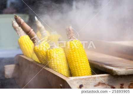 Steam sweet corn on traditional wooden pot ,Japan. 25893905