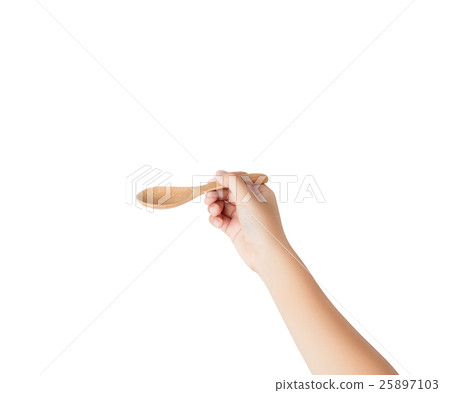 Female hand with wood spoon isolated on white background, clippi Female hand with wood spoon isolated on white background, clippi 25897103