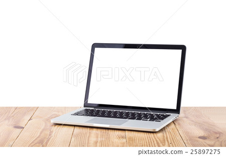 Front view of the laptop is on the work table, clipping path ins Front view of the laptop is on the work table, clipping path ins 25897275