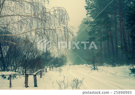 Rural landscape in winter. Morning in the village 25898993