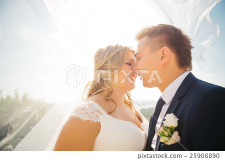 Happy couple bride and groom embracing they stand on background nature close-up Happy couple bride and groom embracing they stand on background nature close-up 25908890