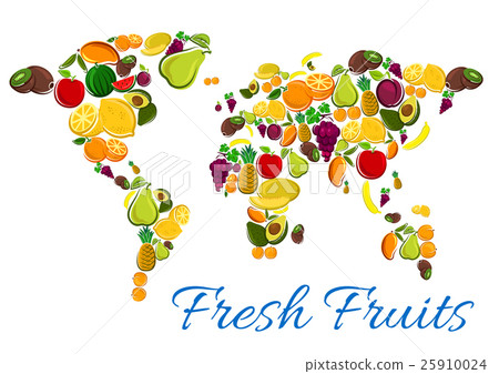 Fresh fruits icons in world map shape Fresh fruits icons in world map shape 25910024