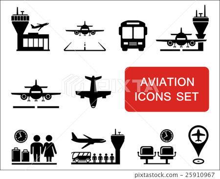 plane and aviation icons with red signboard plane and aviation icons with red signboard 25910967