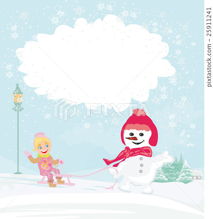 winter girl with sled and charming snowman 25911241