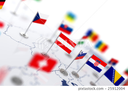 Austria flag in the focus. Europe map with flags Austria flag in the focus. Europe map with flags 25912004