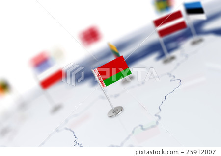 Belarus flag in the focus. Europe map with flags Belarus flag in the focus. Europe map with flags 25912007