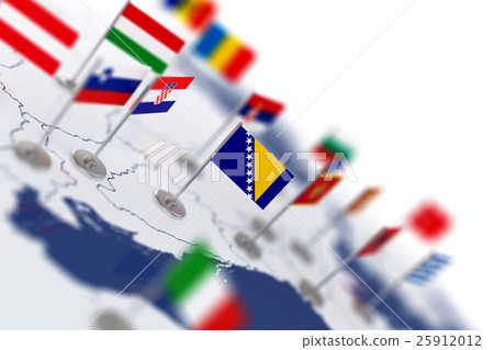Bosnia flag in the focus. Europe map with flags 25912012