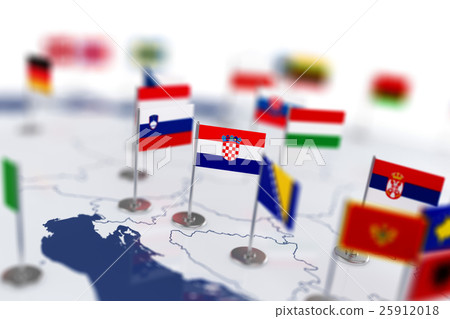 Croatia flag in the focus. Europe map with flags Croatia flag in the focus. Europe map with flags 25912018