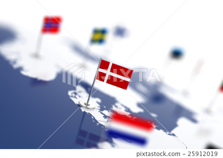 Denmark flag in the focus. Europe map with flags Denmark flag in the focus. Europe map with flags 25912019
