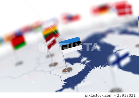 Estonia flag in the focus. Europe map with flags 25912021