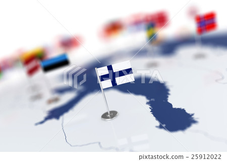 Finland flag in the focus. Europe map with flags Finland flag in the focus. Europe map with flags 25912022