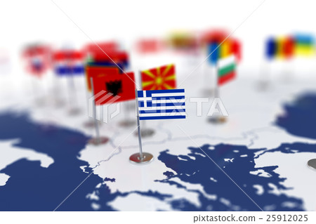Greece flag in the focus. Europe map with flags 25912025