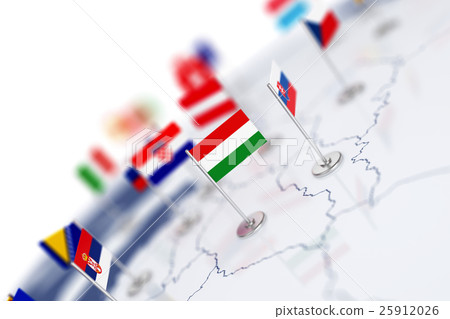 Hungary flag in the focus. Europe map with flags Hungary flag in the focus. Europe map with flags 25912026