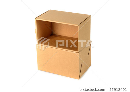 Brown cardboard box package with cover, isolated on white backgr 25912491