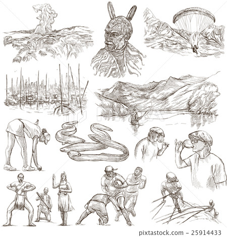 New Zealand. Pictures of Life. An hand drawings. New Zealand. Pictures of Life. An hand drawings. 25914433